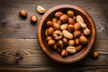 hazelnuts in a wooden bowl  generated by AI