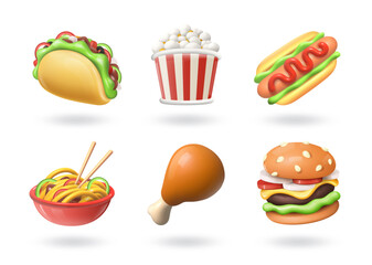 3D fast food. Pizza and burger icons. Realistic taco. Hamburger and hotdog. Restaurant snacks. Popcorn glass. Chicken cooking. Noodle bowl with chopsticks. Vector render objects set
