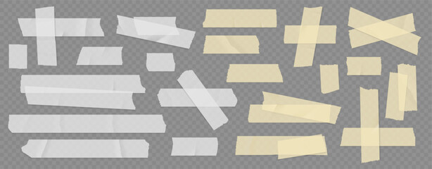 Scotch tape. Sticky paper, adhesive white and yellow pieces of stickers, strip label torn, old ripped stick. Masking stripes different length. Vector isolated on transparent background band