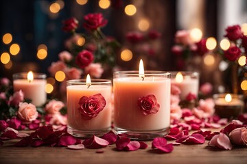 Natural scented soy candle surrounded by floral rose. ai generative - obrazy, fototapety, plakaty