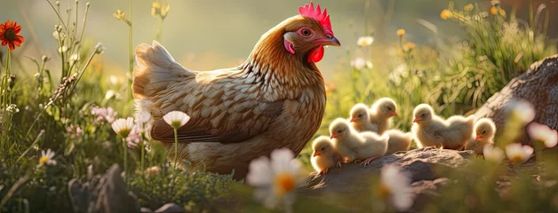 Fotobehang a mother hen guards her fluffy chicks in the golden sunlight, embodying the essence of organic poultry farming. © lililia