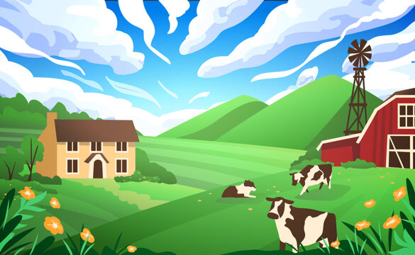 Countryside. Farm village, fields and blue sky, agriculture lands and cow in rural landscape, country panorama. Nature scenic scenery with house and barn. Vector flat background