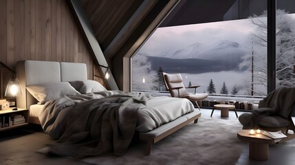 Scandavian loft interior design of modern bedroom with panoramic windows. Generate AI 