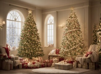 Fototapeta na wymiar Cozy New Year interior with Christmas tree presents lights and fireplace