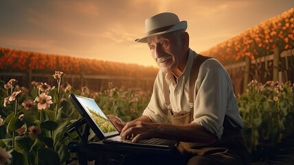 an elderly farmer confidently stands in his plowed field, expertly managing farm machinery with a digital tablet.