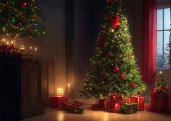Fototapeta na wymiar Cozy New Year interior with Christmas tree presents lights and fireplace