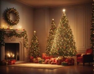 Cozy New Year interior with Christmas tree presents lights and fireplace