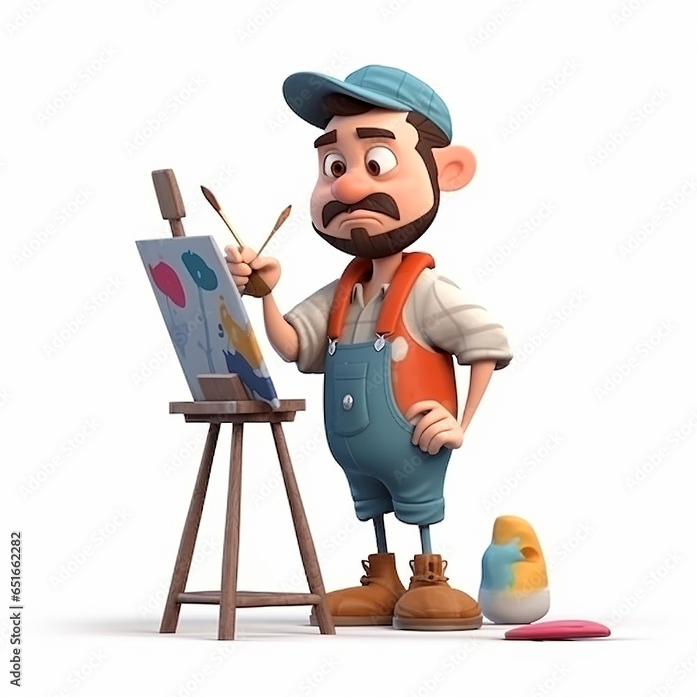Wall mural Cute funny artist, painter, designer, creative avatar, cartoon caricature in 3D style, portrait on white - Wall murals