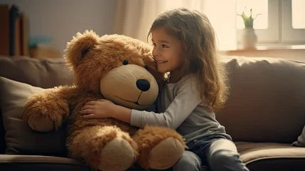 Fotobehang a happy child cuddles a beloved teddy bear in a serene, minimalist living room with soft natural light © lililia