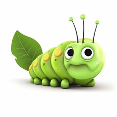 Green caterpillar, funny cute fat green caterpillar 3d illustration on white, unusual avatar, cheerful insect animal