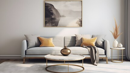Round golden coffee table with marble stone top near gray curved sofa against beige wall with big art poster frame. Minimalist Scandinavian home interior design of modern living room. Generate AI 