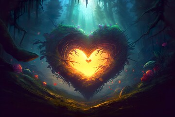 Colorful fantasy heart, light beam, green forest field.