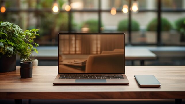 an elegant close-up image of a laptop's pristine screen, awaiting your custom design, placed thoughtfully on a modern table in a chic, contemporary meeting space