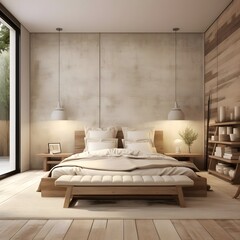 Rustic interior design of modern bedroom, beige wall. Generate AI 