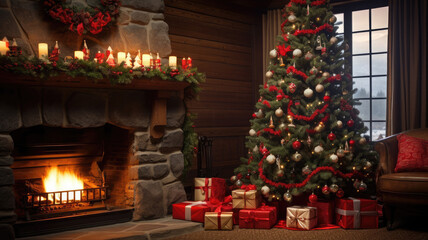 Fototapeta na wymiar Christmas Tree with Baubles and Twinkling Lights