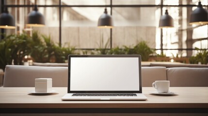 an inviting scene featuring a laptop's blank mockup screen in closeup, accentuating its sleek modern surroundings within a contemporary meeting room
