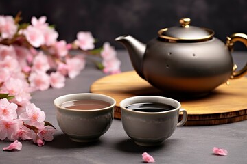 Obraz na płótnie Canvas Traditional ceremony. Cups of brewed tea, teapot and sakura flowers on grey table.