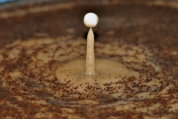Milk droplet impact coffee surface and make lovely water column. Liquid drop splash abstraction on blurred surface.	
