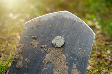 Dig up a coin in the ground.A silver coin is lying on a shovel.An accidental find in the garden.Find the treasure,