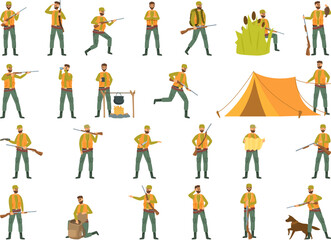 Hunter icons set cartoon vector. Gun safari. Rifle man