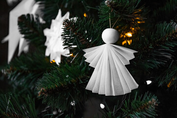 Origami decorations for the Christmas tree. Handmade, hobby Christmas tree toys. Paper crafts,...
