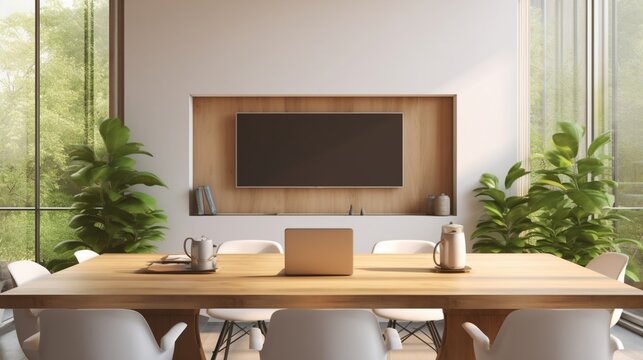 an image of a tranquil meeting room where a laptop's blank screen takes center stage in a closeup shot, perched gracefully on a contemporary table, ready for your design