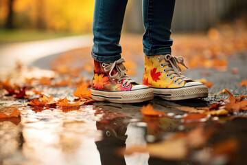 Autumn sneakers with maple leaves on the asphalt near an autumn puddle