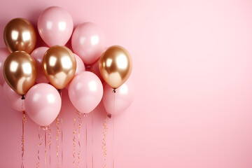 Gold and pink helium air balloons on pink background