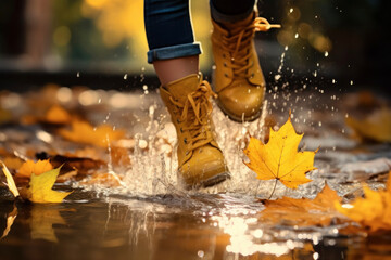 Autumn beige shoes on a man's feet in splashes of water from an autumn puddle - obrazy, fototapety, plakaty