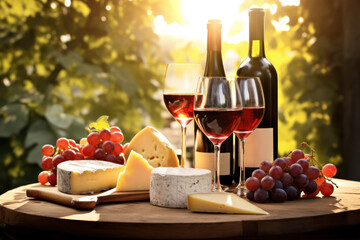 Rich table with red wine, cheese and grapes in the summer garden