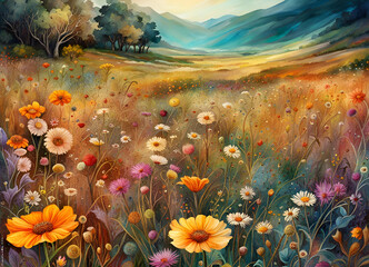 Fototapeta na wymiar Romantic landscape with a flower meadow. Mountains in the background 