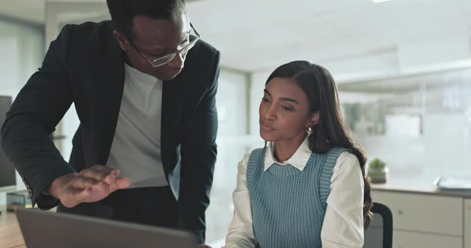 Business woman, man and training with laptop, coach and teamwork with advice in office. African manager, mentor and employees by computer, collaboration and brainstorming for planning in workplace