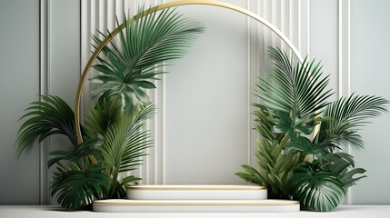 minimal display podium for product presentation with palm leaves.
