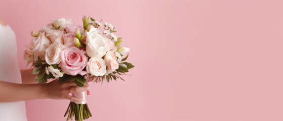 bouquet with pink tulips in children's hands on a pink background