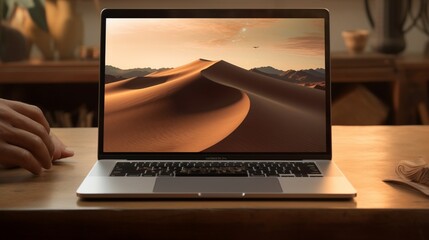  a hyper-realistic scene featuring a laptop with a pristine mockup screen, elegantly placed on a sleek wooden table, while a woman's hands interact with it. - obrazy, fototapety, plakaty