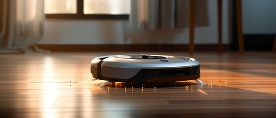 Robotic vacuum cleaner with sensor limiter isolated on laminate floor