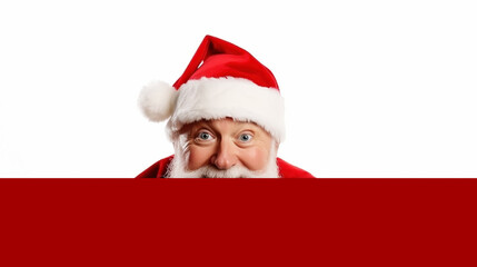 Happy Claus smiling come and deliver Christmas gifts peeking out from blank advertisement banner background with copy space, Happy New Year, merry, x-mas holiday concept