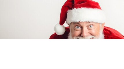 Happy Claus smiling come and deliver Christmas gifts peeking out from blank advertisement banner background with copy space, Happy New Year, merry, x-mas holiday concept
