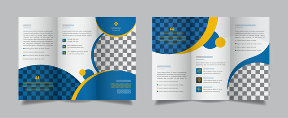 Tri-fold vector brochure template with blue yellow round elements for corporate business