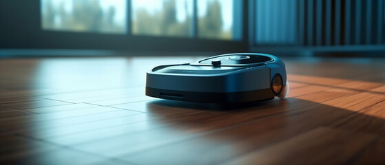 Robotic vacuum cleaner with sensor limiter isolated on laminate floor