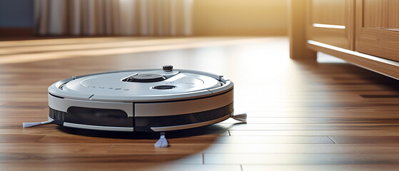 Robotic vacuum cleaner with sensor limiter isolated on laminate floor