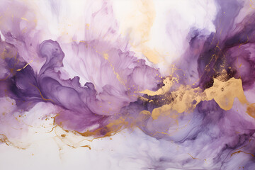 Elegant violet  alcohol ink background with gold glitter elements