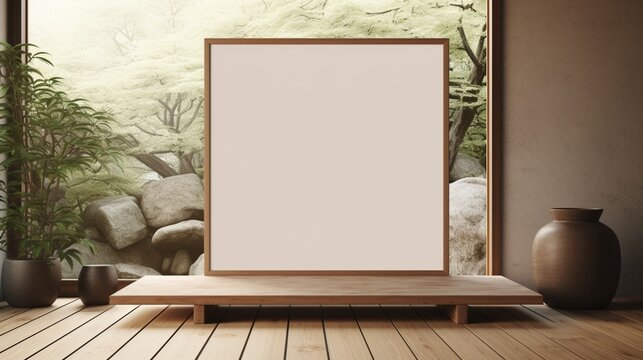 Craft a minimalist mockup of a poster frame in a Japanese Zen garden with traditional tatami floor furniture.