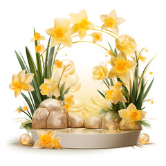 White podium with daffodils on white background.