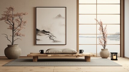 Craft a serene mockup of a poster frame in a Japanese Zen garden with traditional tatami floor furniture.