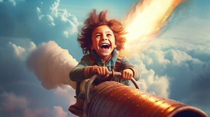 A boy, excited, flying the rocket above clouds in the sky. Generative AI image weber. - obrazy, fototapety, plakaty