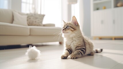 a young domestic cat as it pounces and plays with a feather toy in a serene, minimalist living room bathed in natural light. - obrazy, fototapety, plakaty