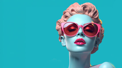 Marble statue of an ancient Greek goddess in modern sunglass on vibrant background. digital collage, minimalistic style