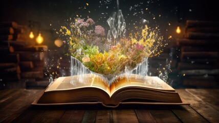 An opened book with magical element flowing out. Generative AI image weber.