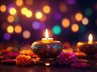 Happy Diwali festival concepts with diya oil lamp and floral mandala on blurred bokeh background. Indian, Hindu colorful traditional festival of lights celebration, ai Generative. - obrazy, fototapety, plakaty
